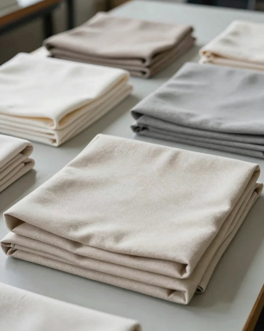 Editorial manufacturing photography of folded textile garments on a neutral workspace table, soft diffused daylight, res