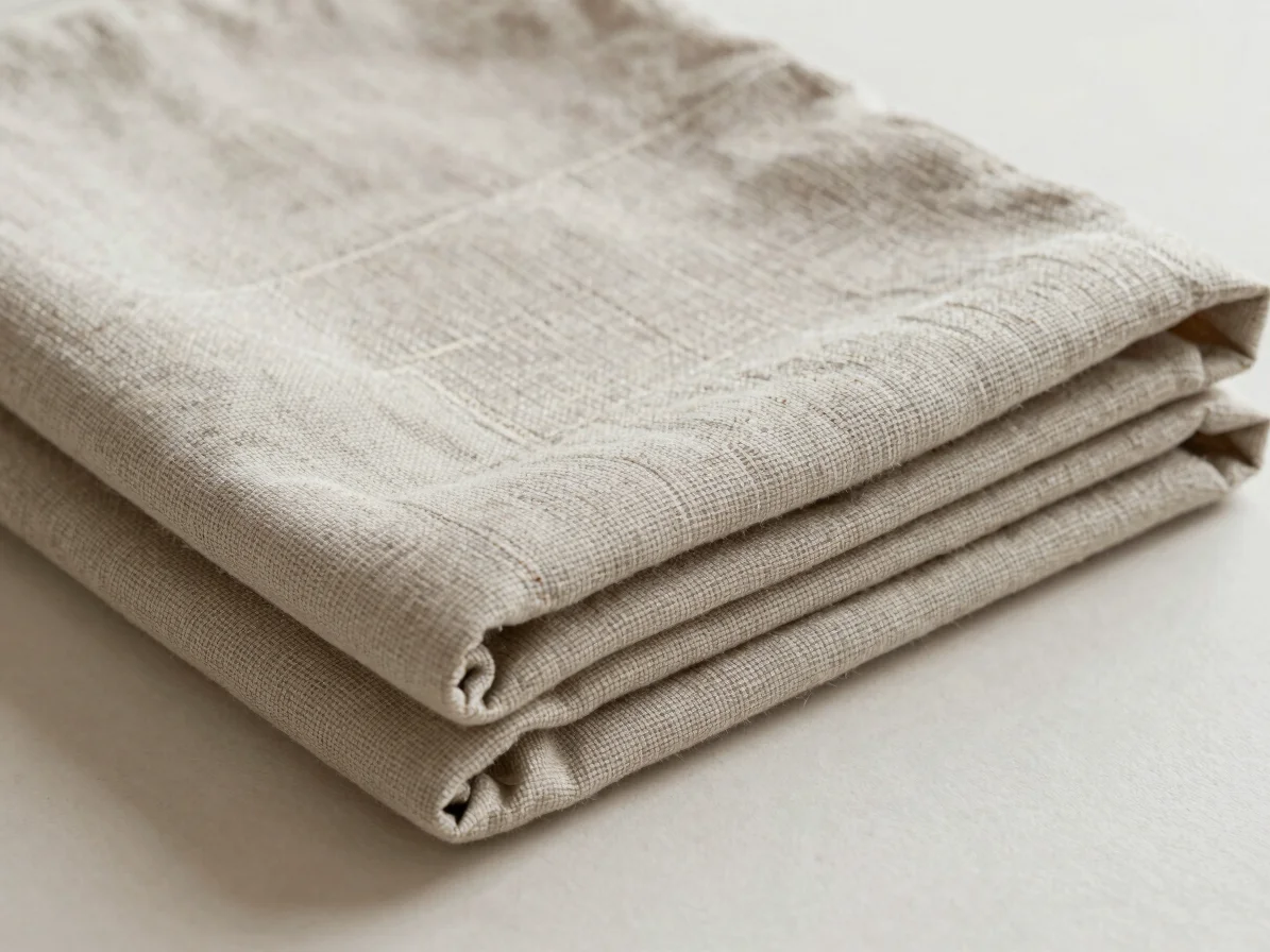 Editorial product photograph of folded woven textile garments on a light neutral surface, soft diffused daylight, restra