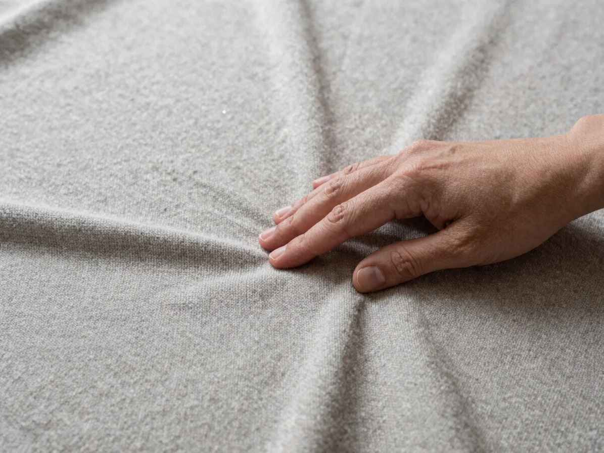 Close detail of a knit textile garment with visible stitch texture, hands smoothing the fabric, soft even daylight, rest