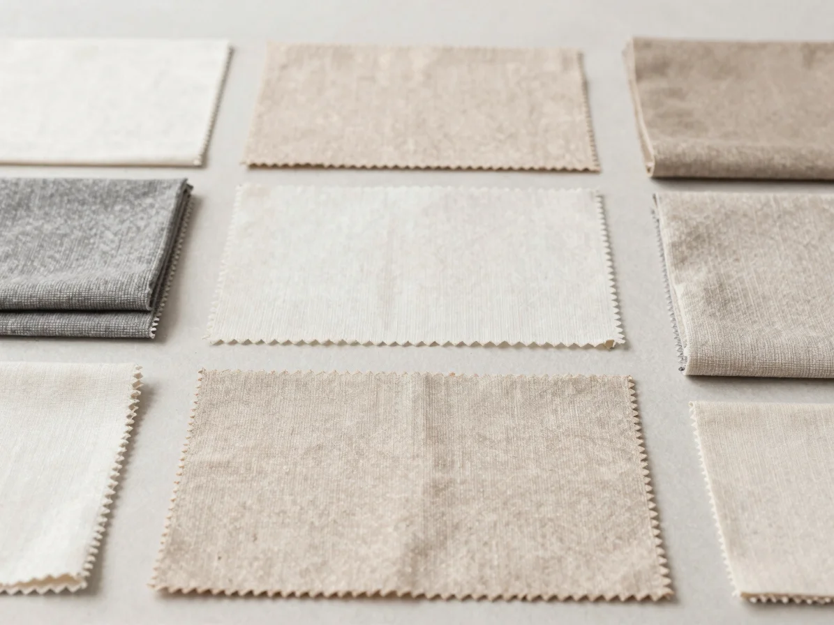 Flat-lay of textile clothing accessories and fabric swatches on a neutral background, soft diffused daylight, clear stra
